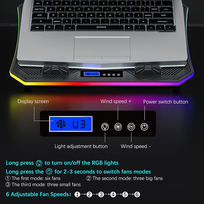 TopMate C12 Laptop Cooling Pad RGB Gaming Notebook Cooler for Desk and Lap Use, Laptop Fan Stand 8 Adjustable Heights with 6 Quiet Fans and Phone Holder, for 15.6-17.3 Inch Laptops-Ice Blue LED Light - Image 5